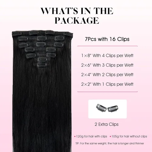 Miniatura 2 de SIYUSI Extensiones de cabello humano real con pinzas, 100% cabello humano Remy brasileño, invisibles y aptas para el cuero cabelludo, color negro