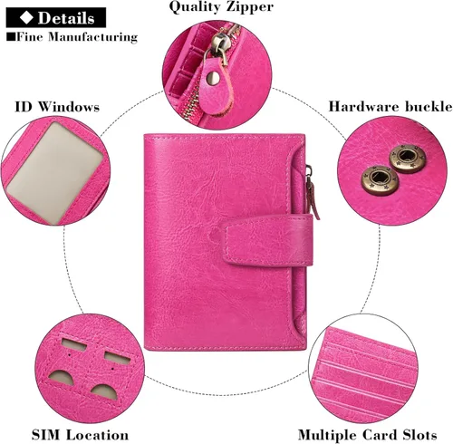 Miniatura 5 de FALAN MULE Cartera pequeña para mujer, de piel auténtica, plegable, compacta, con bloqueo RFID, pequeña cartera para mujer, Rosa Rojo, Casual