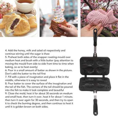 Miniatura 7 de Tissting 8.9 x 14.4 x 1.4 pulgadas Taiyaki Fish 4 bandejas en forma de pastel para hacer gofres, molde doble antiadherente Taiyaki doble bandeja