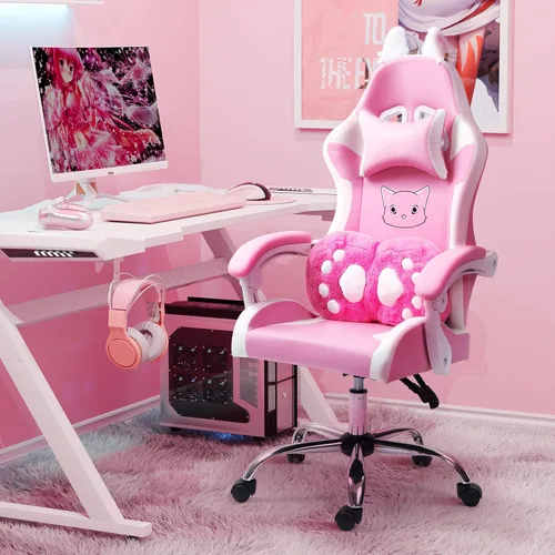Silla de juegos rosa con cojín lumbar de pata de gato y orejas de gato, sillas reclinables para computadora de juegos de PC, silla ergonómica para