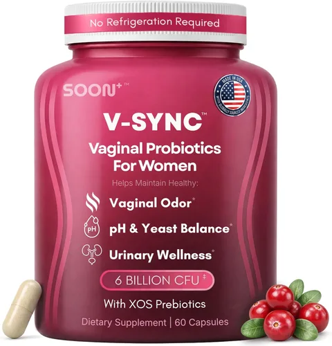 SOON+ Probióticos vaginales para mujeres, V-Sync Probiótico vaginal con lactobacilo, arándano y prebióticos, apoya el equilibrio del pH para