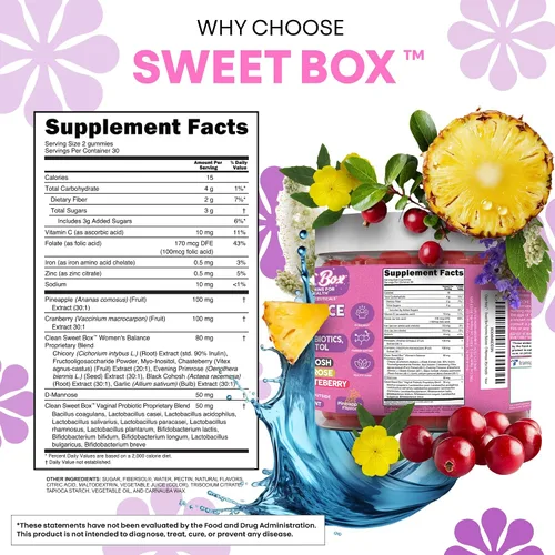 Miniatura 5 de Gomas de equilibrio femenino Clean Nutra para mujeres, piña, probióticos vaginales, balance de pH, arándano, D-manosa, suplemento de inositol