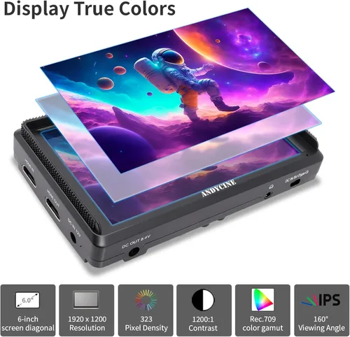 Miniatura 2 de ANDYCINE Monitor de campo HDMI A6 V2 de 6 pulgadas 1920 x 1080 con brazo de inclinación HDMI de entrada y salida 4k, salida de potencia, batería