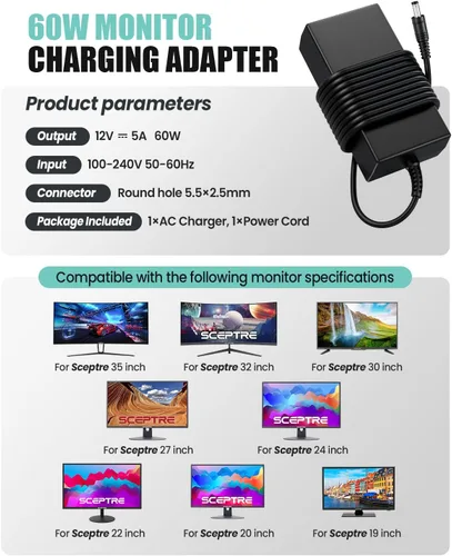 Miniatura 7 de 12V 5A Power Cord Compatible with Sceptre EC Series 35" 32" 30" 27" 24" 22" 20" 19" 15" E248W E225W E205W E275W C325W Screen LED Supply Adapter