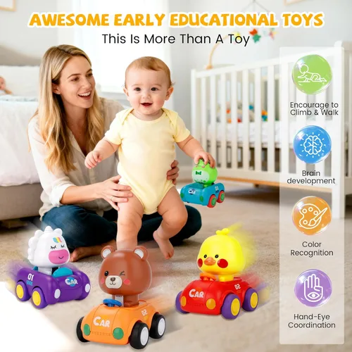 Miniatura 7 de Press and Go - Juguetes de coche para niños pequeños de 1 a 3 años, paquete de 4 autos de empuje para bebés, juego de vehículos de juego para bebés