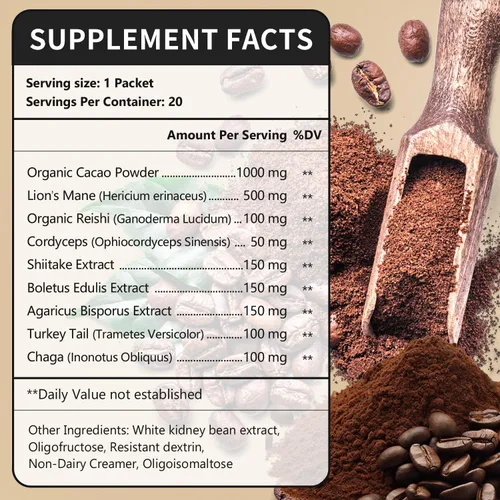 Miniatura 2 de CANLIST Café en polvo orgánico de hongos 9 en 1 con melena de león y chaga, Cordyceps, Reishi, Shiitake para enfoque cognitivo, apoyo inmunológico