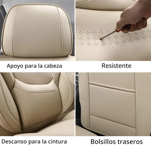 Miniatura 7 de Juego completo de fundas de asiento de automóvil, fundas de asiento de cuero beige, protectores transpirables para asientos delanteros y traseros
