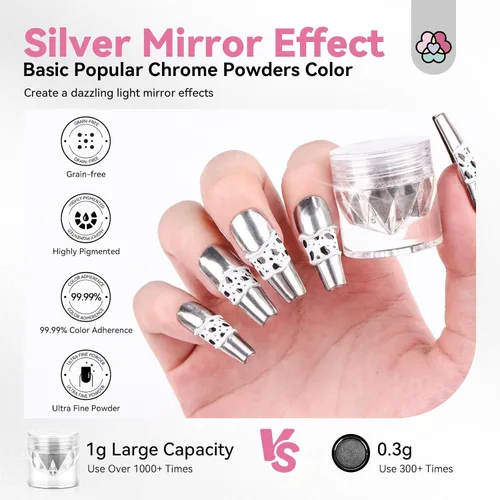Miniatura 2 de SAVILAND Polvo para uñas cromado plateado - 1g Polvo cromado efecto espejo metálico para uñas de gel, pigmento para manicura y arte en uñas, polvo