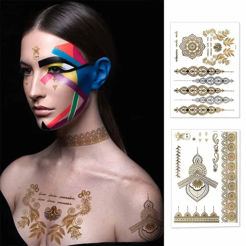 Miniatura 2 de 12 hojas de tatuajes temporales metálicos dorados destellantes para mujeres y niñas, impermeables, dorados y plateados, calcomanías de tatuaje