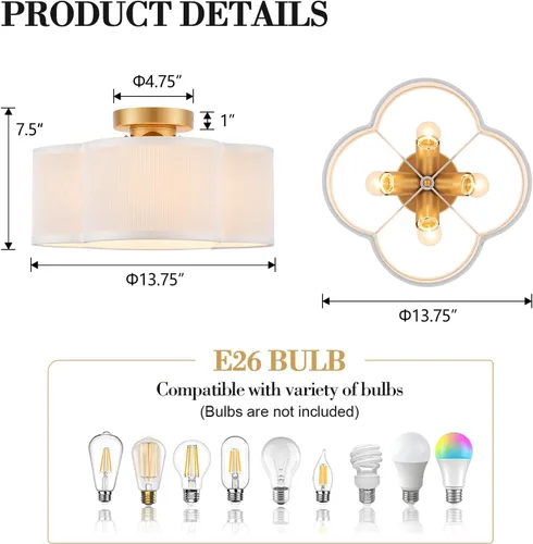 Miniatura 2 de VILUXY Luces de techo semiempotradas doradas, lámpara de techo moderna de 4 luces con pantalla de tela plisada blanca en pantalla de flores, lámpara