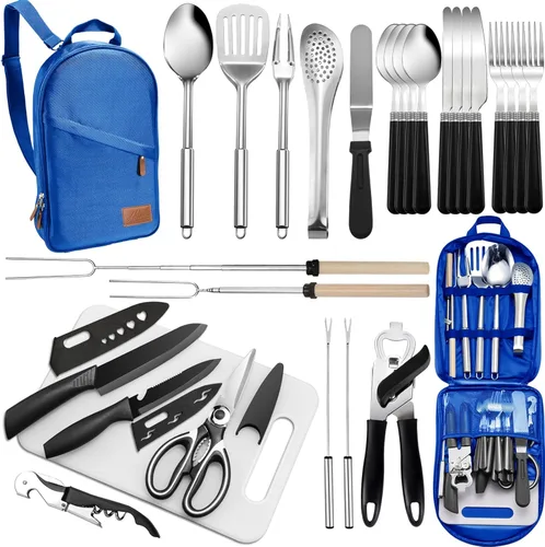 Miniatura 8 de Juego de utensilios de cocina portátil para acampar de 27 piezas, kit de utensilios de cocina de acero inoxidable para cocinar y asar al aire libre