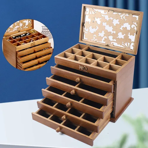 Miniatura 5 de Joyero de madera con 6 capas, organizador de madera, ideal como regalo para mamá y novia.