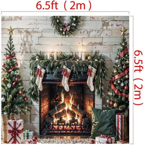 Miniatura 2 de Kate Fondo de chimenea de ladrillo de Navidad de 6.5 x 6.5 pies / 6.6 x 6.6 ft, regalo de árbol de Navidad, calcetín de tela impresa, fondo