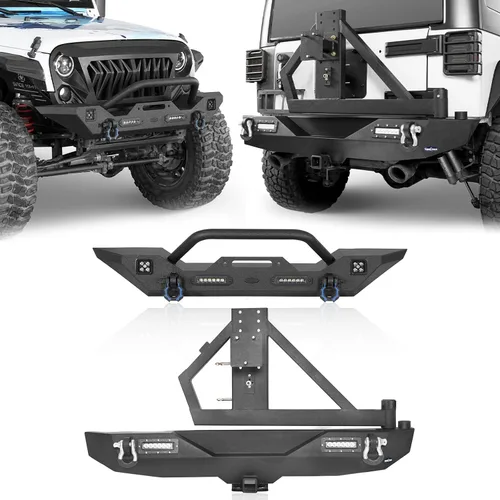 u-Box Parachoques delanteros y traseros para Jeep Wrangler, compatible con Jeep JK Wrangler 07-18 con placa de cabrestante, portador de neumáticos
