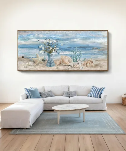 Miniatura 14 de Arte de pared para decoración de baño, imagen de playa azul, tema oceánico, impresión en lienzo de flores, pintura moderna de paisaje marino