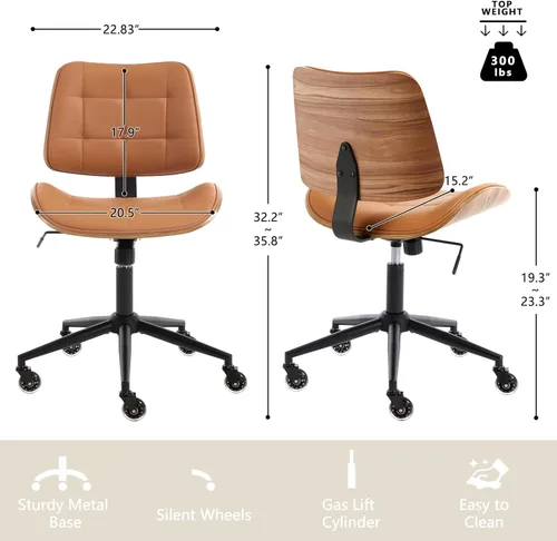 Miniatura 2 de Silla de Oficina para Hogar con Ruedas, Silla de Oficina Ajustable sin Brazos, Silla de Computadora Pequeña de Respaldo Medio de 360° de Cuero PU
