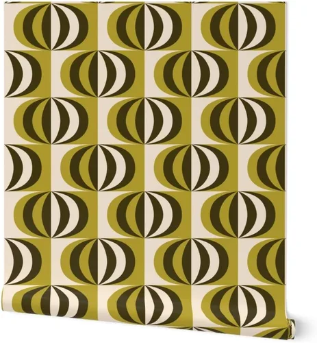 Muestra de papel tapiz extraíble, rayas de mediados de siglo, color verde oliva, negro, blanco, círculos geométricos modernos de mediados de siglo,