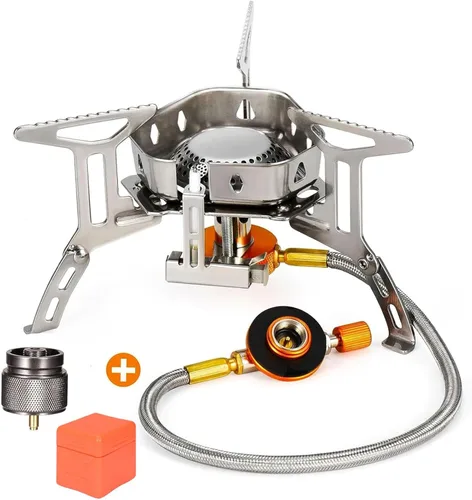 Estufa portátil para mochileros con encendido piezoeléctrico a prueba de viento, estufa de gas para campamento, quemador plegable con adaptador de