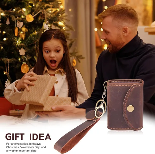 Miniatura 7 de Cartera de cuero genuino para tarjetas de crédito, organizador de tarjetas de crédito para mujeres y hombres, monedero pequeño llavero, Café, Simple