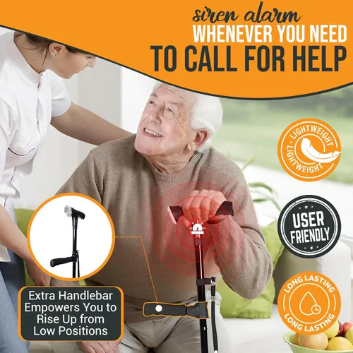 Miniatura 4 de Bastón de caminar con luz y alarma, plegable, ajustable, ligero, para equilibrio y estabilidad para adultos, personas mayores y lesionados. [Negro]