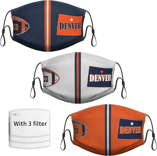 Pasamontañas para adultos, hombres y mujeres, máscara ajustable para la boca, para fanáticos del fútbol con filtro, paquete de 3 (Denver B1)