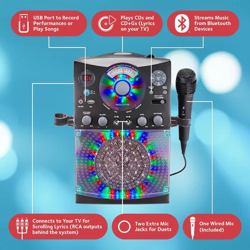 Miniatura 3 de Sistema de karaoke con Bluetooth parte superior para carga de CDG, espectáculo de discoteca sonido y luces (negro) SML385BTBK Singing Machine, Negro