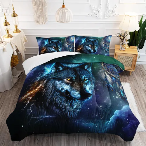 Miniatura 34 de AILONEN Juego de edredón con cabeza de lobo impresa tamaño individual, juego de ropa de cama de lobo para la noche para niños y hombres, juego