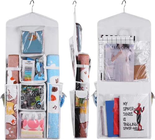Organizador de bolsas de papel de regalo colgante, doble cara para colgar puerta y armario, cinta de almacenamiento versátil, lazos para juguetes