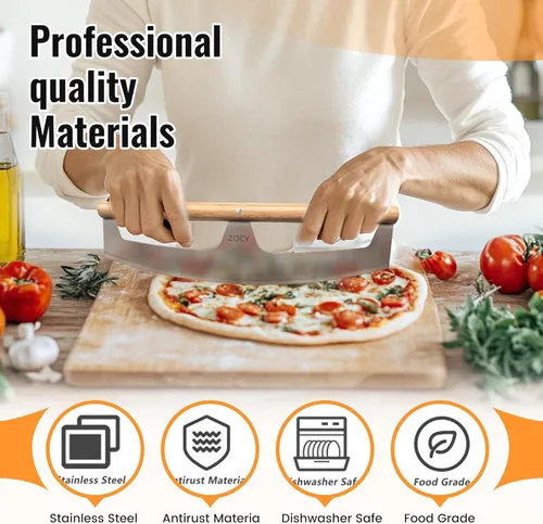 Miniatura 3 de Cortador de Pizza Basculante con Mangos de Madera y Cubierta Protectora por Zocy, Rueda Cortadora de Pizza de Acero Inoxidable Afilado de 16