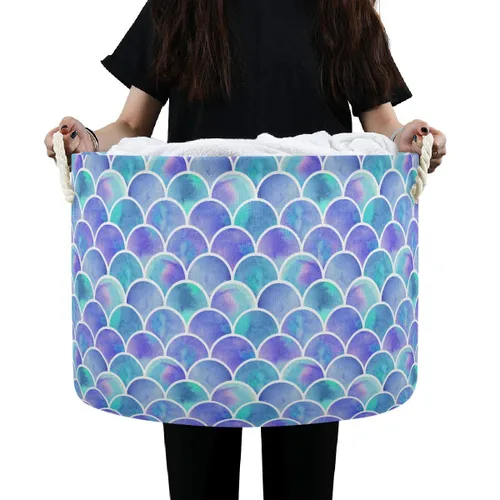 Cesta de almacenamiento redonda grande – Organizador de lona con revestimiento de lona de sirena colorida, contenedor de almacenamiento de juguetes