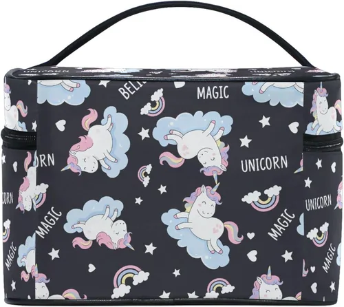Miniatura 4 de Bolsa de maquillaje, bolsa organizadora de maquillaje de viaje con estampado de leopardo rosa, neceser para niñas, mujeres y mujeres, Unicornio 227