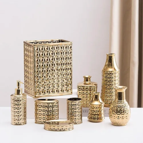 Miniatura 7 de Basurero para baño, pequeño bote de basura de oficina para cocina, cubo de basura rectangular delgado, cerámica, dorado