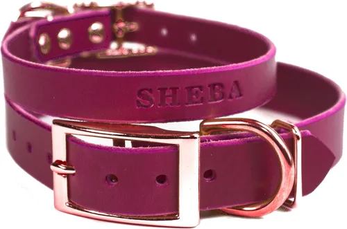 Miniatura 11 de Collar de cuero personalizado hecho a mano para perro con bridón grabado con el nombre de la mascota, herrajes en tono cobre/oro rosa (negro)