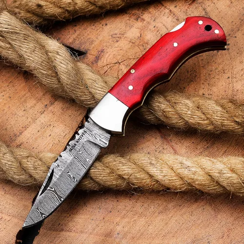 Miniatura 5 de Cuchillo de bolsillo de acero de Damasco, cuchillos de vaquero hechos a mano para exteriores, camping, senderismo, hoja de bloqueo trasera, cuchillo