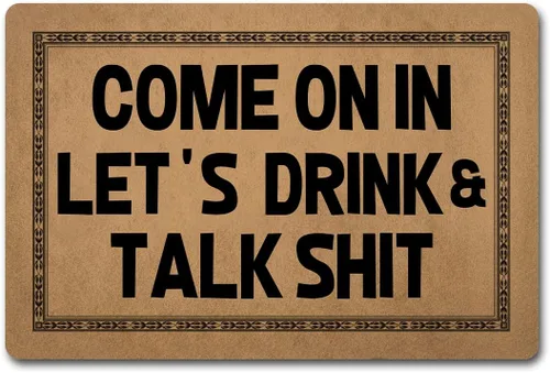 Divertida alfombra de bienvenida para entrada interior y porche, alfombra de decoración de porche con texto en inglés "Come On In Let's Drink and
