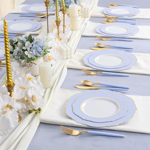 Miniatura 8 de WDF - 60 platos de plástico azul desechables con borde dorado - Platos de fiesta de plástico azul bebé barroco para boda/fiesta/baby shower