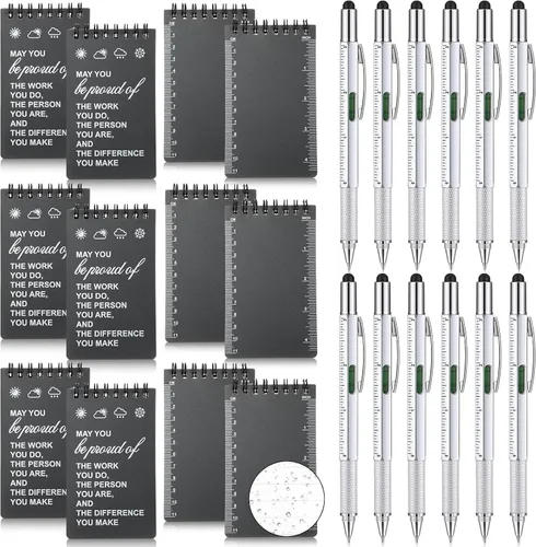Cuaderno impermeable de 24 piezas con juego de bolígrafos multiherramienta que incluye 3 x 5 bloc de notas de bolsillo en espiral superior y Gris