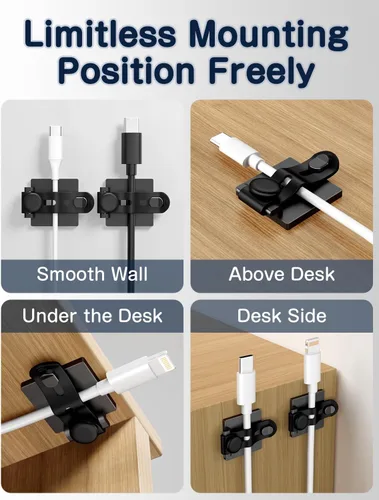 Miniatura 8 de Viaky Kit de organización de cables, paquete de 10 clips adhesivos para cables con 5 correas de silicona ajustables, 10 bridas y 10 tornillos