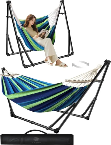 Miniatura 9 de Anyoo Hamaca y silla oscilante 2 en 1 con soporte de acero plegable y funda de transporte, portátil y ajustable, fácil de instalar para exteriores