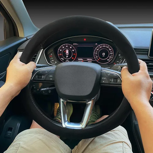 Miniatura 3 de Carodi Funda de gamuza para volante, de cuero antideslizante, ajuste interior de automóvil de 15 pulgadas, universal Negro