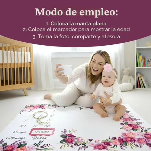 Miniatura 3 de Bliss n' Baby Manta mensual de hitos para bebé niña, 60 x 40 pulgadas, sin arrugas, con tabla de crecimiento, lavable y secable, con corona y Floral