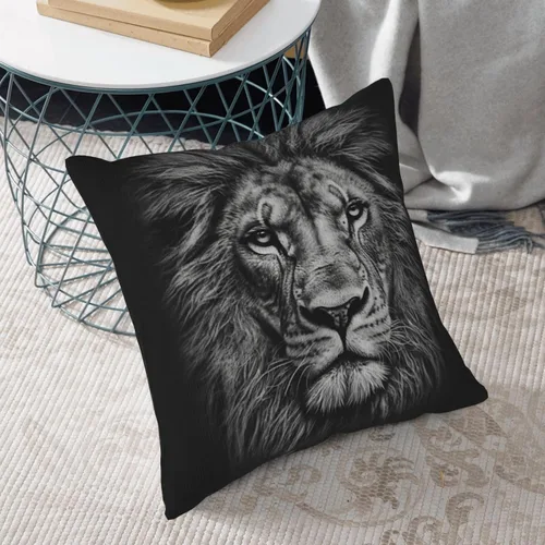 Miniatura 8 de Fundas de almohada decorativas de pana con estampado de cabeza de león en blanco y negro, funda de almohada suave para sofá, funda de cojín cuadrada