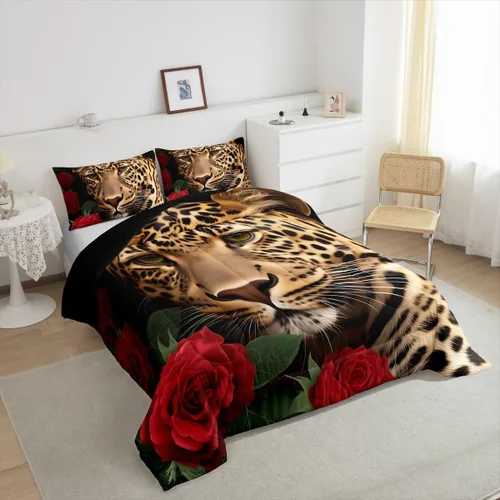 Miniatura 4 de Erosebridal Juego de ropa de cama de guepardo con rosa roja, juego de edredón con estampado de leopardo y gato, edredón romántico de plumón, Multi 03