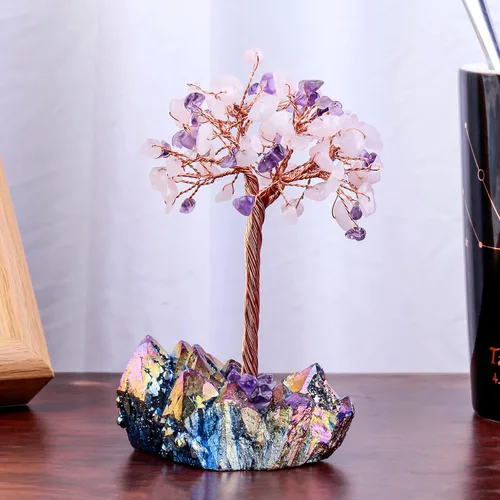Miniatura 2 de Rockcloud Árbol de dinero de cristal Feng Shui Bonsái con base de cuarzo de cristal recubierto de titanio, decoración para riqueza y suerte