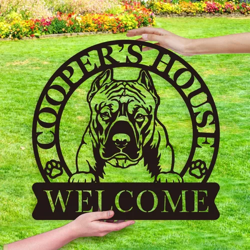 Decoraciones personalizadas para perros para casa de mascotas, letreros de metal con nombre personalizado de American Pit Bull decoración del hogar,