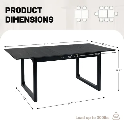 Miniatura 2 de HNY Mesa de comedor de madera extensible para mesas de cocina rectangulares modernas de 4 a 8 pulgadas, 71 pulgadas con base de madera, mesa de Negro