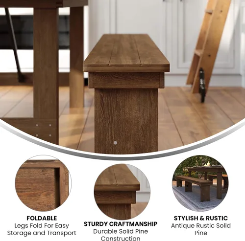 Miniatura 4 de Flash Furniture Hercules Series - Banco plegable de pino macizo rústico de grado comercial de 8 x 12 pies, banco de comedor antiguo de 3 patas