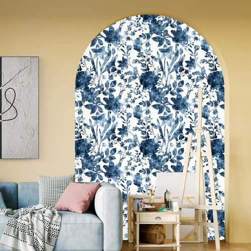Miniatura 3 de Papel tapiz vintage azul floral para despegar y pegar, papel de contacto de hojas de ramas, impermeable, extraíble, fácil de despegar, 17.71 x 118.1