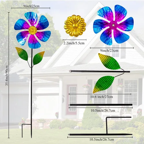 Miniatura 6 de Viveta Paquete de 2 molinos de viento de jardín, molino de viento de metal de flores de 35.4 pulgadas, escultura de viento rosa y azul, molinetes