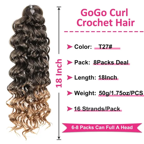Miniatura 2 de Unionbeauty Paquete de 8 Cabello de Ganchillo GoGo Curl - 18 Pulgadas Extensión de Cabello Rizado Sintético Onda de Agua para Mujeres Negras - Rizo